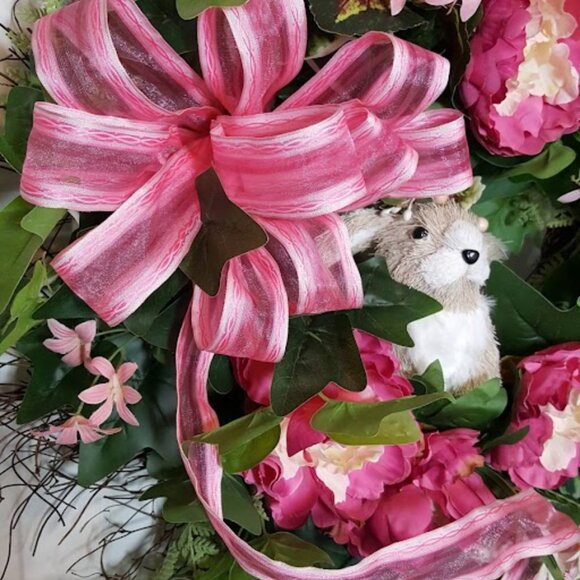 Pink Spring Easter Bunny Wreath, Easter Grapevine, Floral Wreath, Hand Crafted - Picture 7 of 11